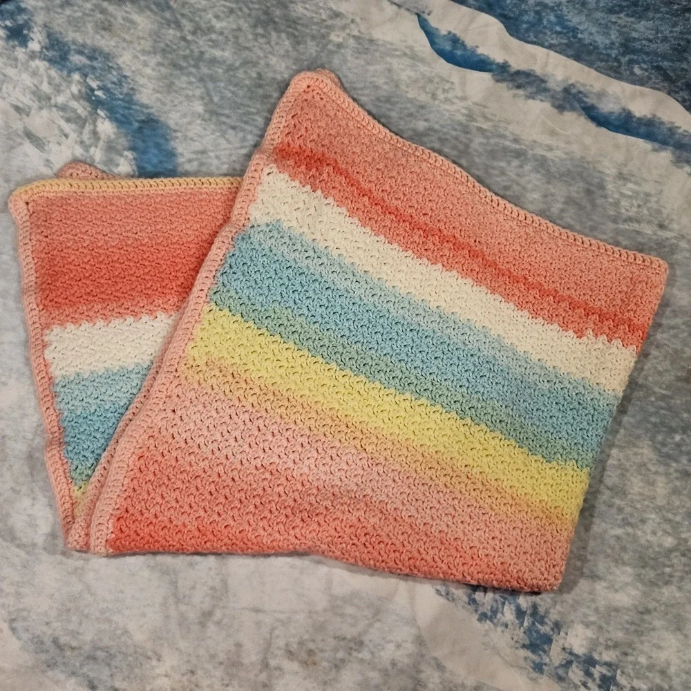 Handmade Crochet Baby Blanket Pastel‎ Rainbow Afghan Pink Blue Yellow 32